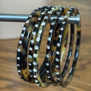 Bundle of 6 thin tortoise celluloid bangles with rhinestones